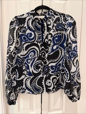 LOFT Black, Blue & White Paisley Long-Sleeve Blouse